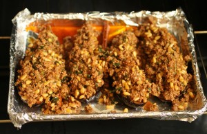 Stuffed eggplant with ground lamb and pinenuts
