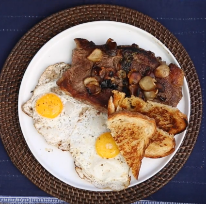 grass fed lamb leg steak with eggs