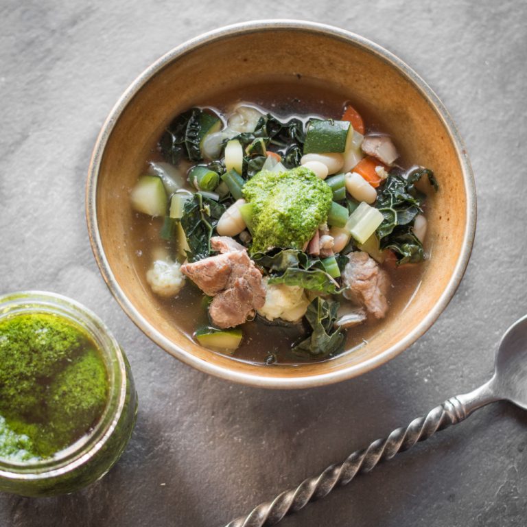 Lamb Head Soup with Vegetables and Pesto