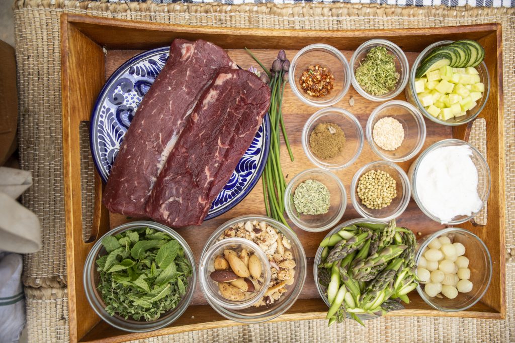Mise en place for grass fed lamb loin with cucumbers, yogurt, and dukkah