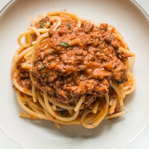 Goat heart spaghetti bolognese