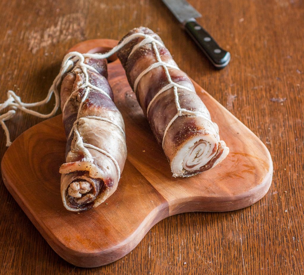Homemade lamb or goat pancetta