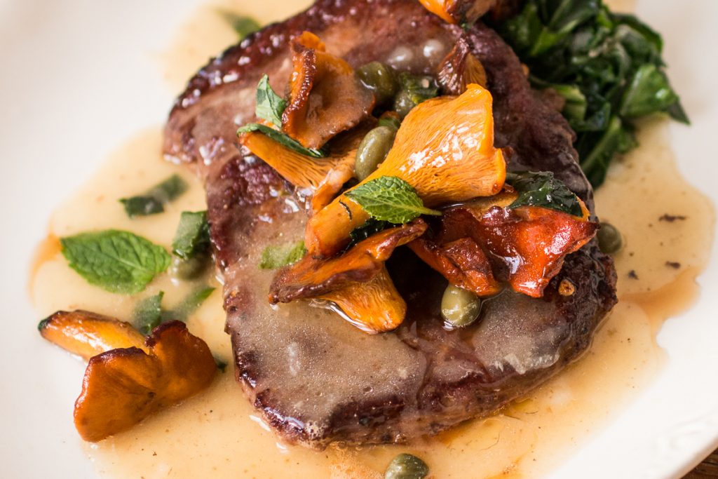 Lamb picatta with wild mushrooms and mint
