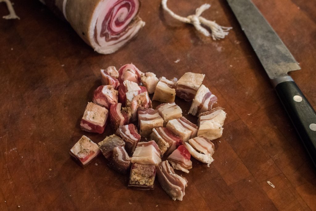 Diced lamb or goat pancetta
