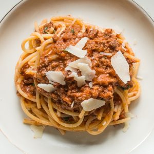 Goat heart spaghetti bolognese