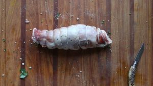 Tied and rolled lamb breast