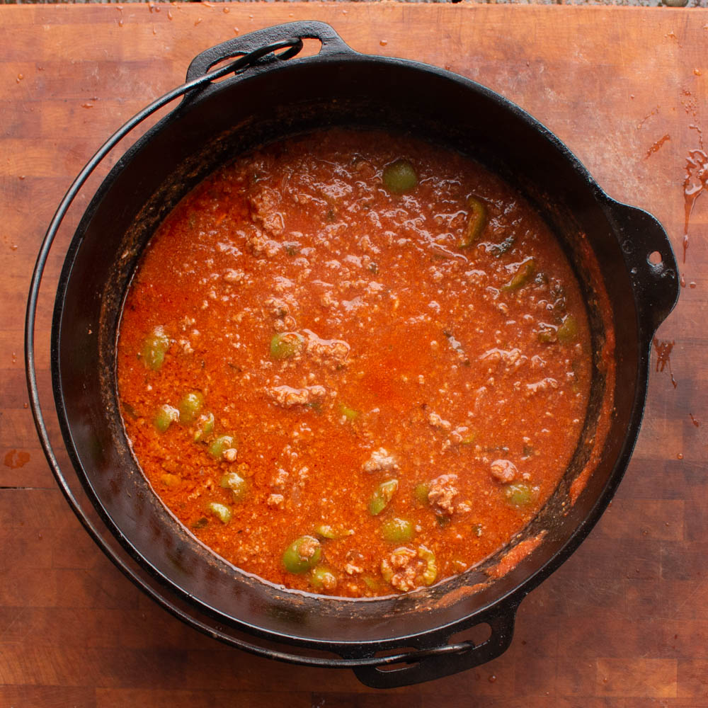 Finished grass fed goat ragu for pasta with olives