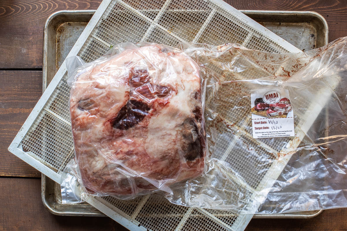 dry aging mutton leg in a bag