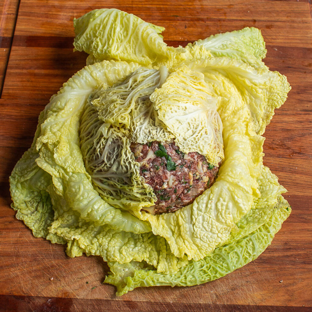 Cabbage stuffed with Lamb and Black Walnuts