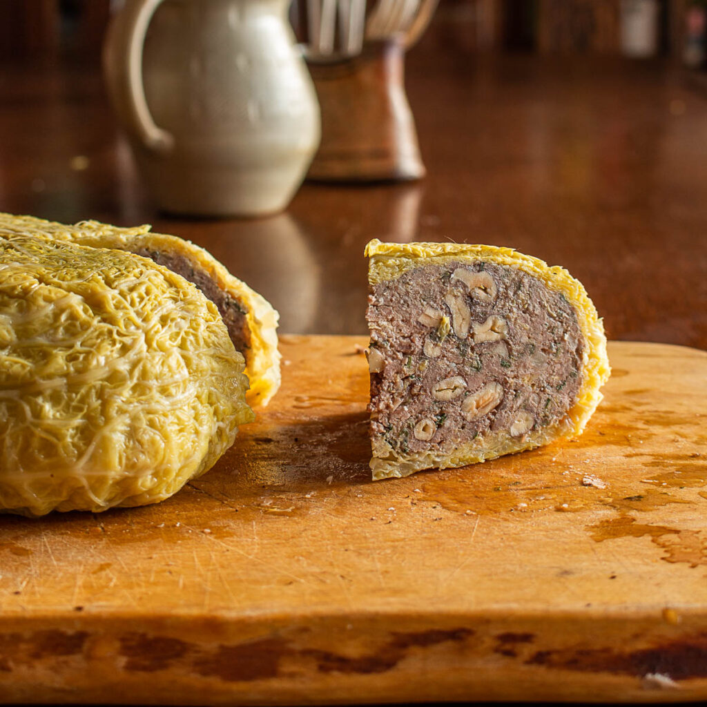 Cabbage stuffed with Lamb and Black Walnuts