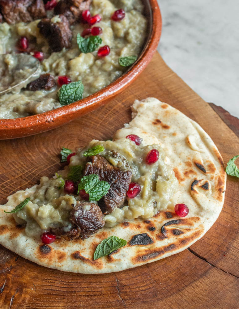 Turkish fried lamb with mashed eggplant recipe