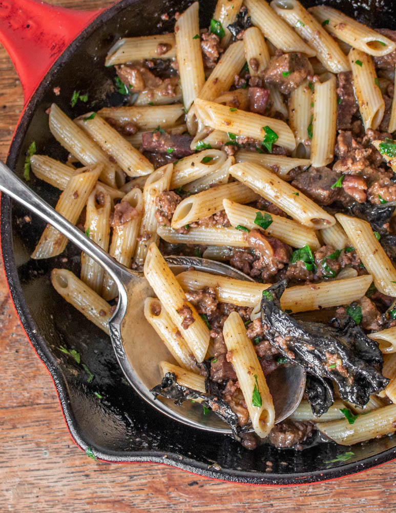 Lamb ragu with black trumpet mushrooms and penne