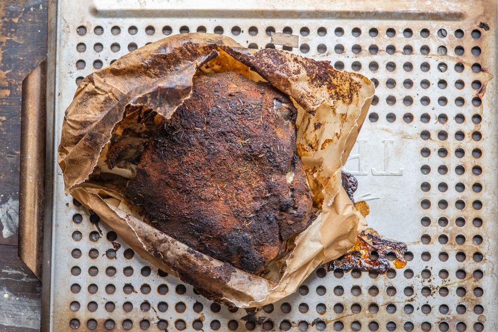 Blackened goat shoulder slow roasted
