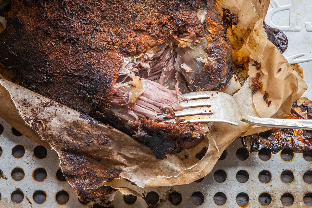 Pulled roasted goat shoulder