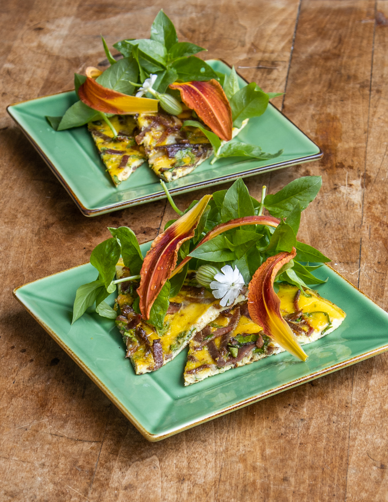 Mutton Pastirma omelet with mint and chickweed salad