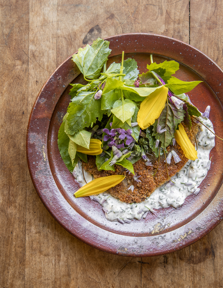 Lamb Milanese with lambs quarters salad and pickled ramp aioli
