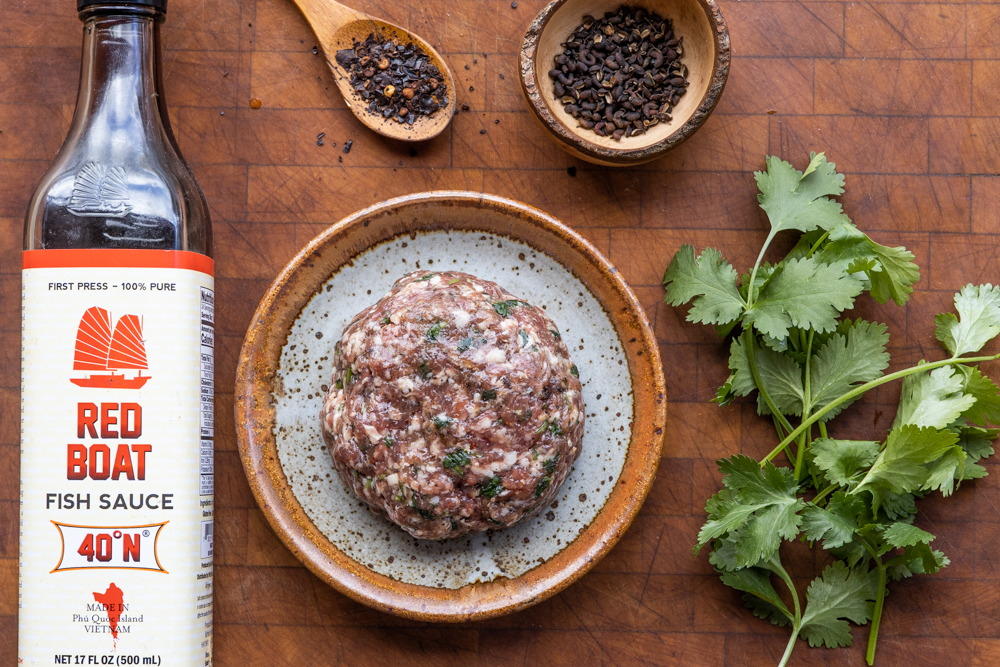 Szechuan inspired goat sausage with prickly ash