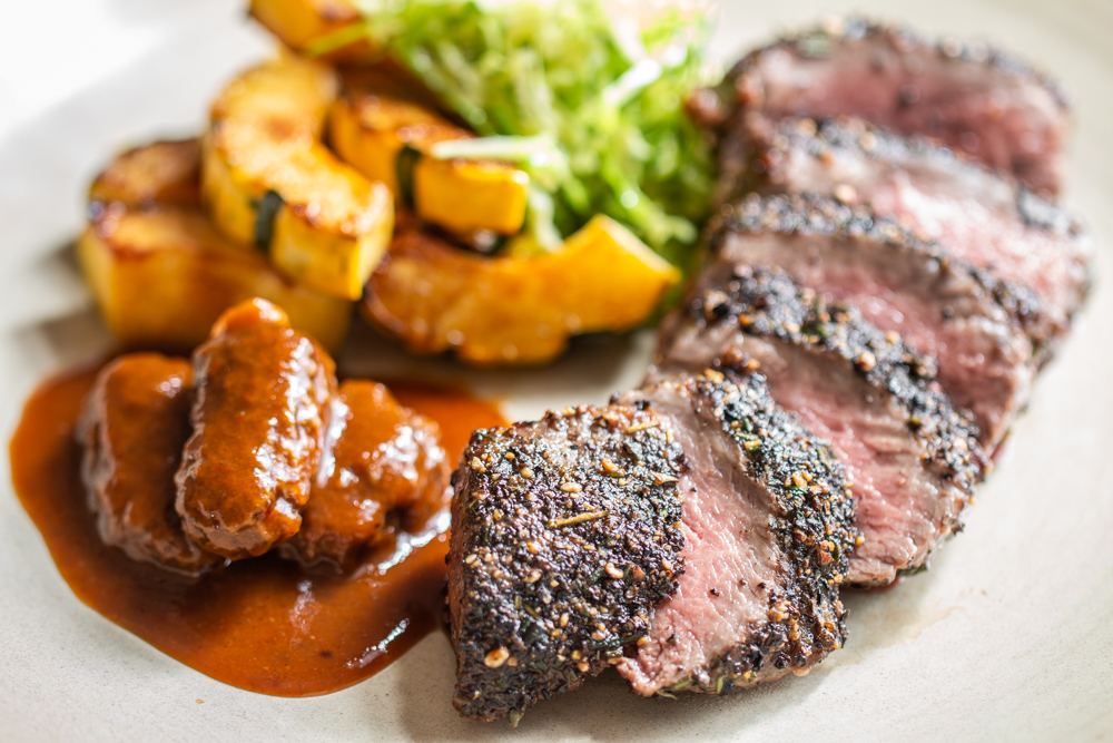 Black pepper and rosemary crusted lamb loin 