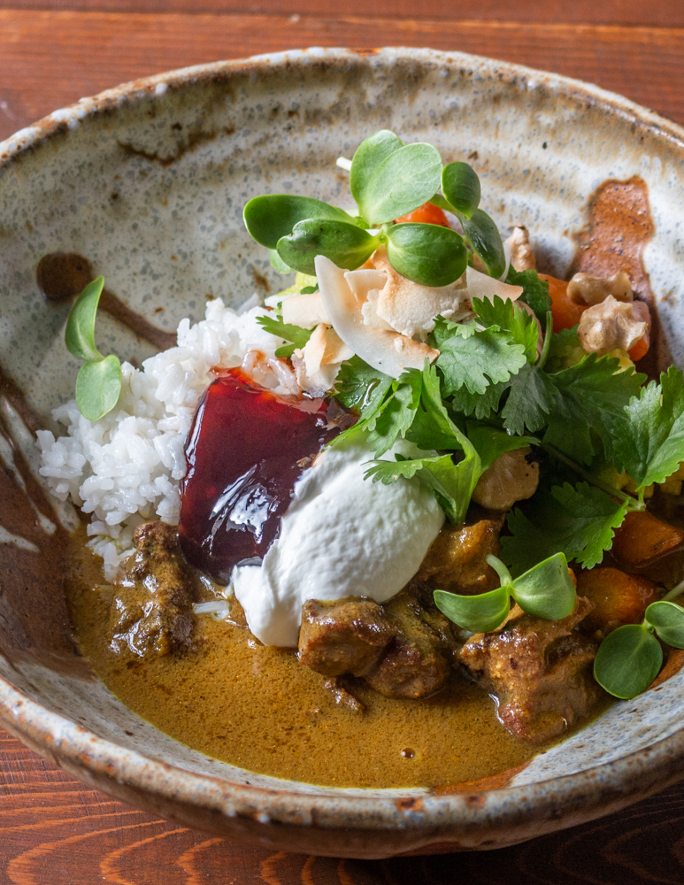 Lamb or Goat Curry with Rice, Yogurt, Nuts, Cilantro, and Habanero Jelly