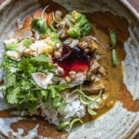 Lamb or Goat Curry with Rice, Yogurt, Nuts, Cilantro, and Habanero Jelly