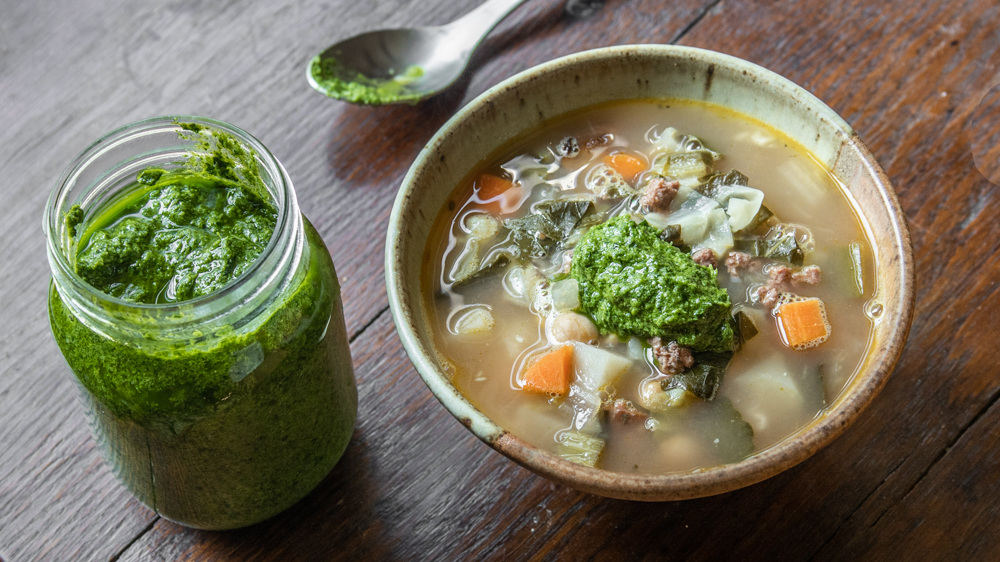 Lamb Sausage Vegetable Soup with Black Walnut Pesto