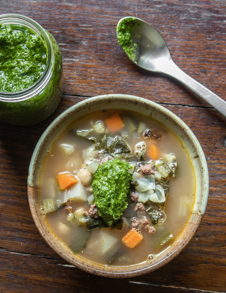 Lamb Sausage Vegetable Soup with Black Walnut Pesto 
