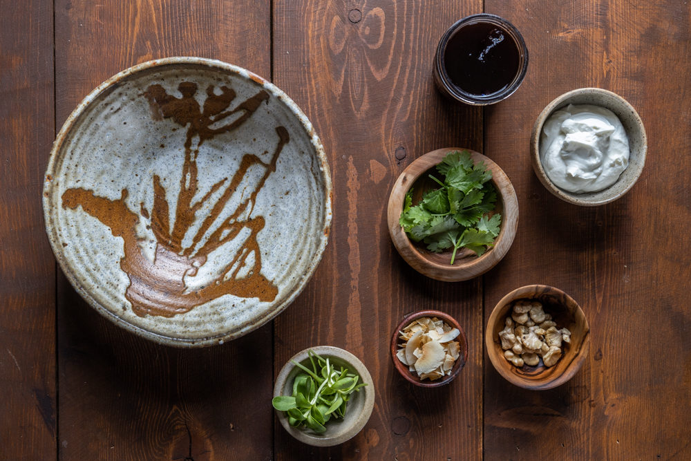 Lamb or Goat Curry with Rice, Yogurt, Nuts, Cilantro, and Habanero Jelly