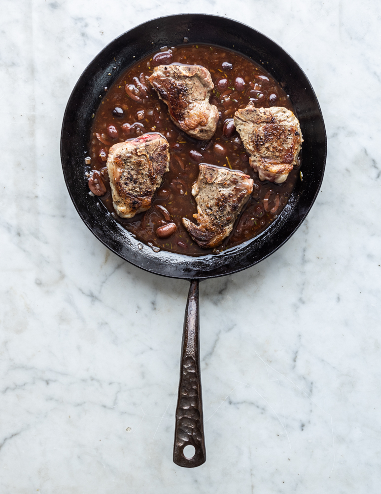 Goat loin chops with rosemary, red wine and olives recipe
