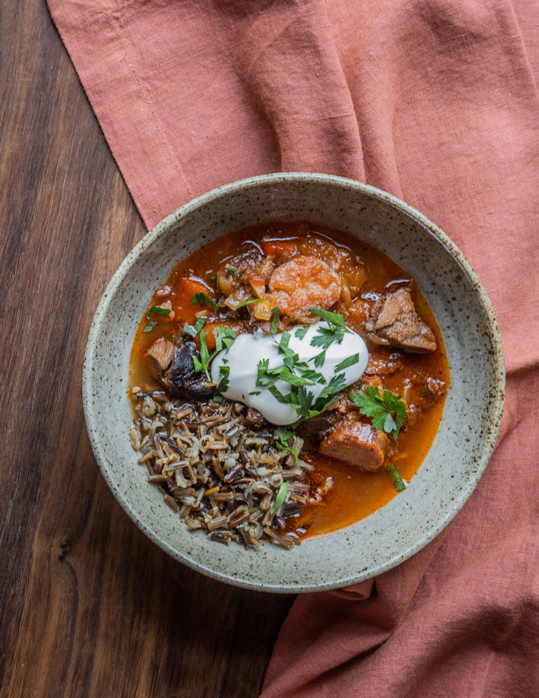 Smoked lamb shank and sausage stew with sauerkraut