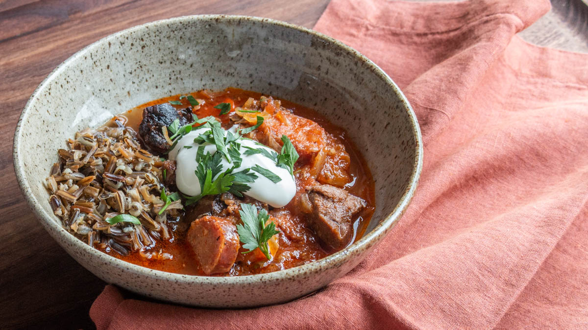 Smoked lamb shank and sausage stew with sauerkraut