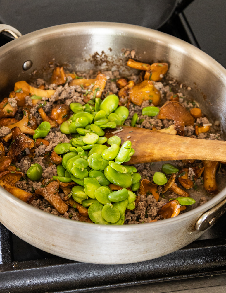 Goat gnocchi with chanterelle mushrooms, fava beans and savory