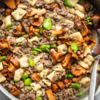 Goat gnocchi with chanterelle mushrooms, fava beans and savory