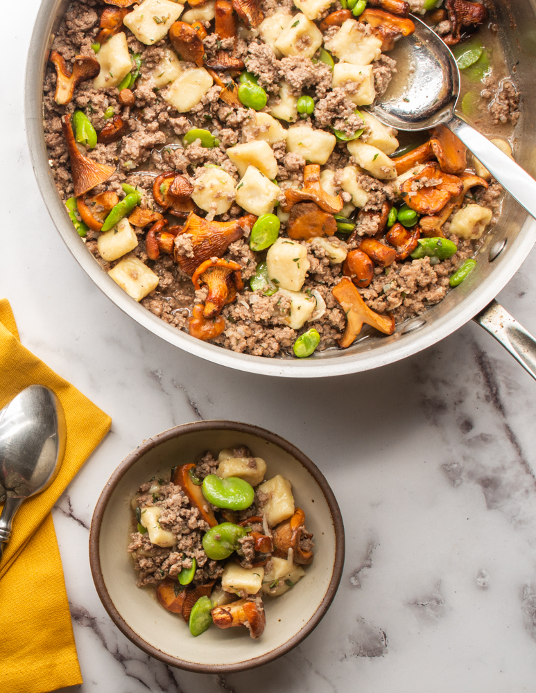 Goat gnocchi with chanterelle mushrooms, fava beans and savory
